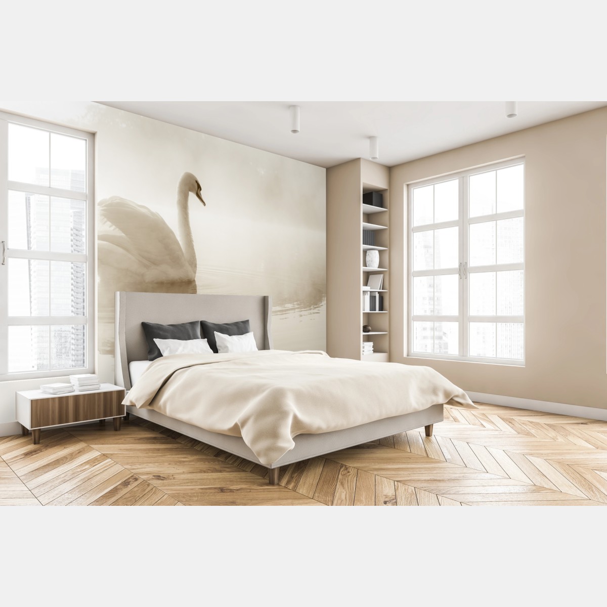 Wall mural elegant swan in misty reflection • Wallissimo®