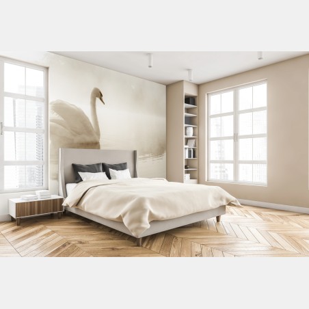 Wall mural elegant swan in misty reflection • Wallissimo®
