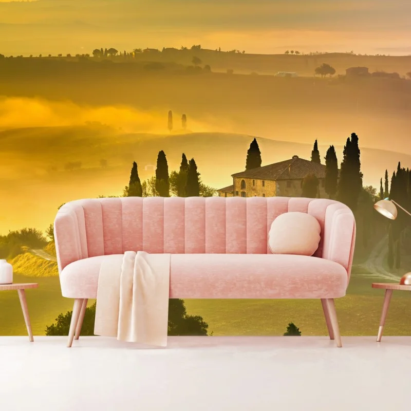 Wall mural Tuscany sunrise over golden hills