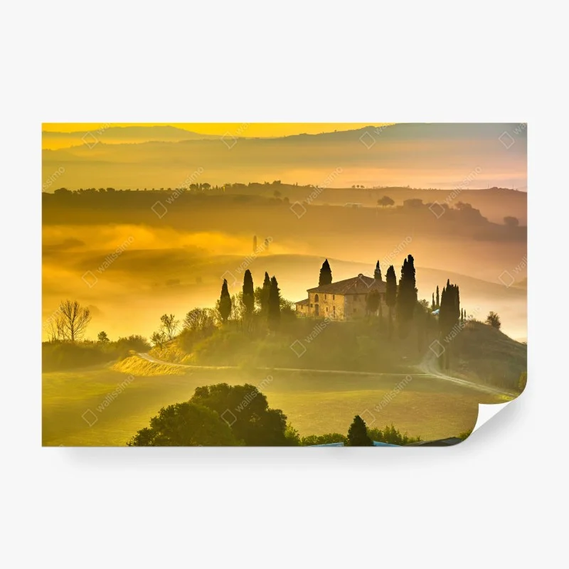 Wall mural Tuscany sunrise over golden hills