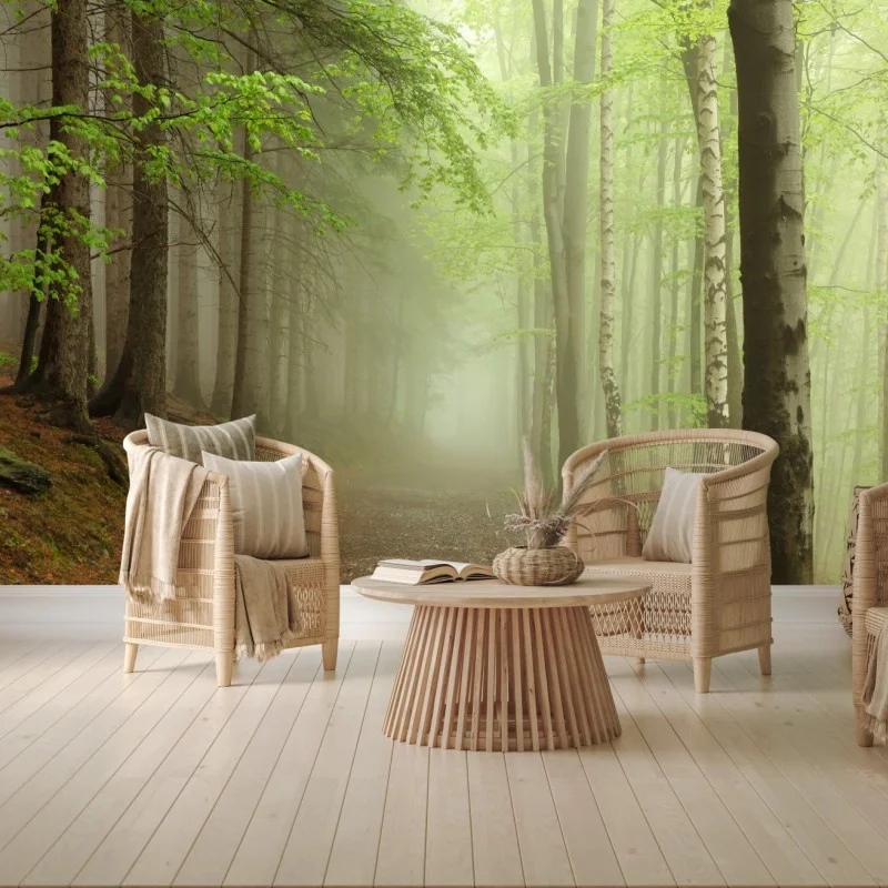 Wall mural misty forest path • Wallissimo®