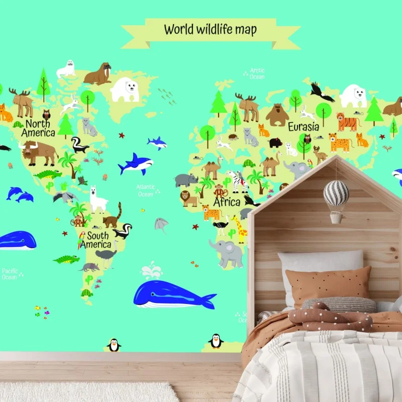 Wall mural world wildlife map for kids