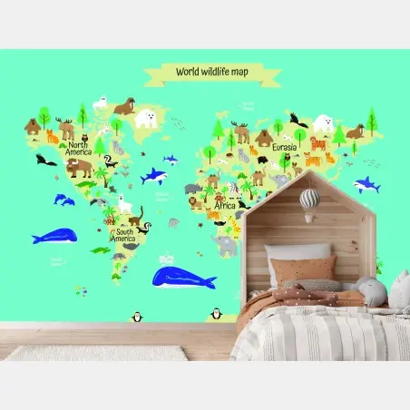 Wall mural world wildlife map for kids • Wallissimo®