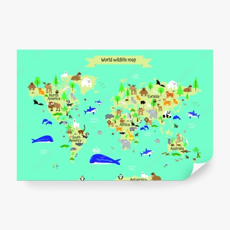 Wall mural world wildlife map for kids • Wallissimo®