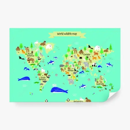 Wall mural world wildlife map for kids • Wallissimo®