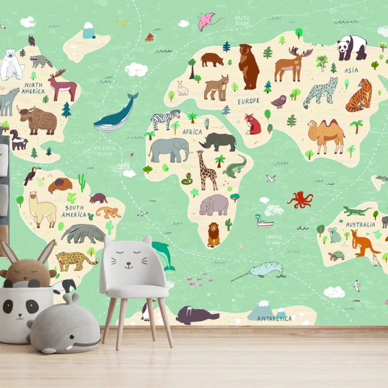 Wall mural playful animal world map