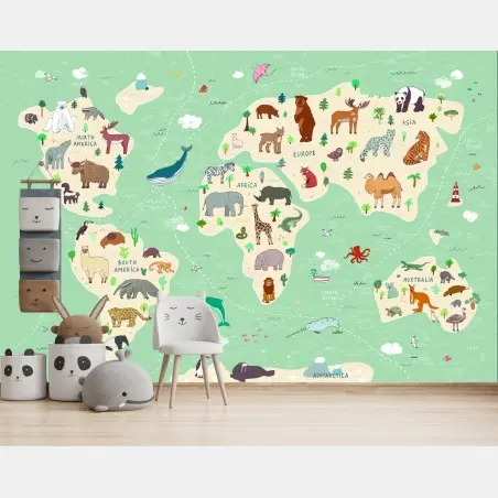 Wall mural playful animal world map • Wallissimo®