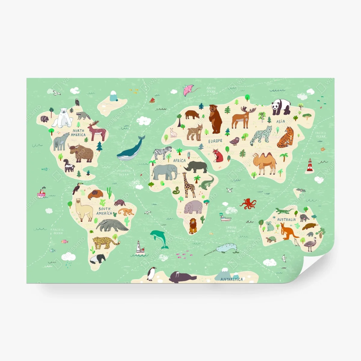 Wall mural playful animal world map • Wallissimo® Wall mural playful animal world map • Wallissimo®