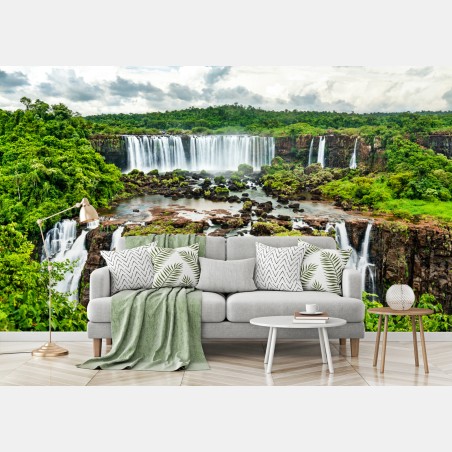 Wall mural lush green waterfall panorama • Wallissimo®