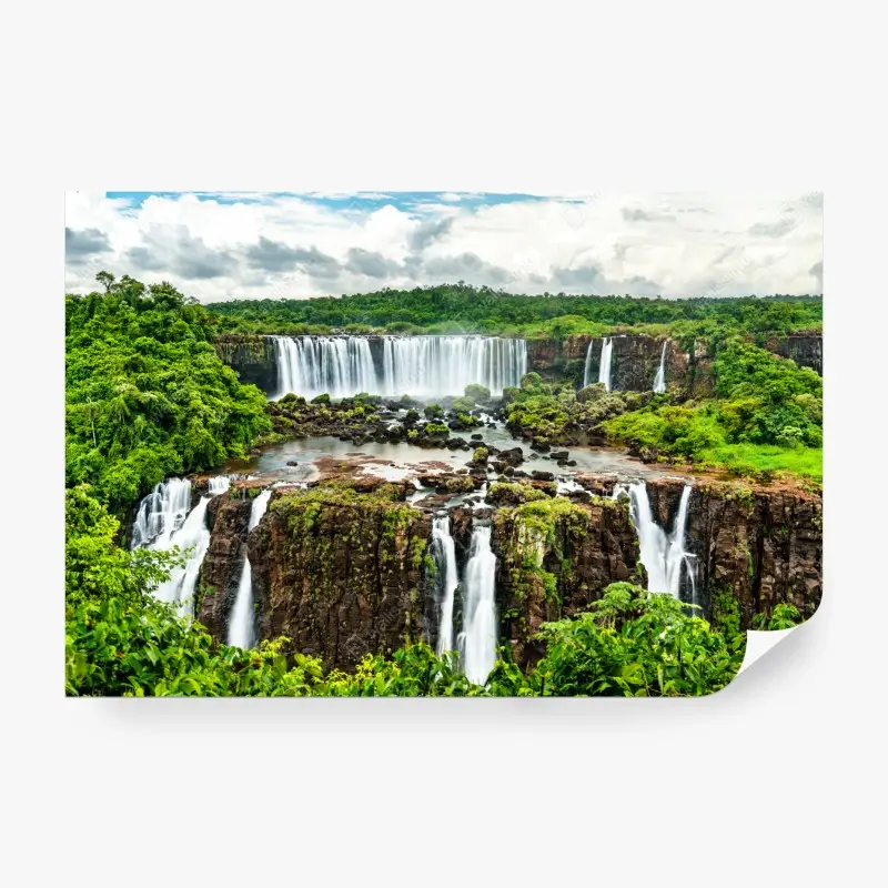 Wall mural lush green waterfall panorama