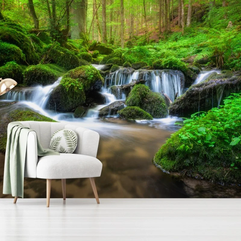 Wall mural tranquil mossy forest waterfall