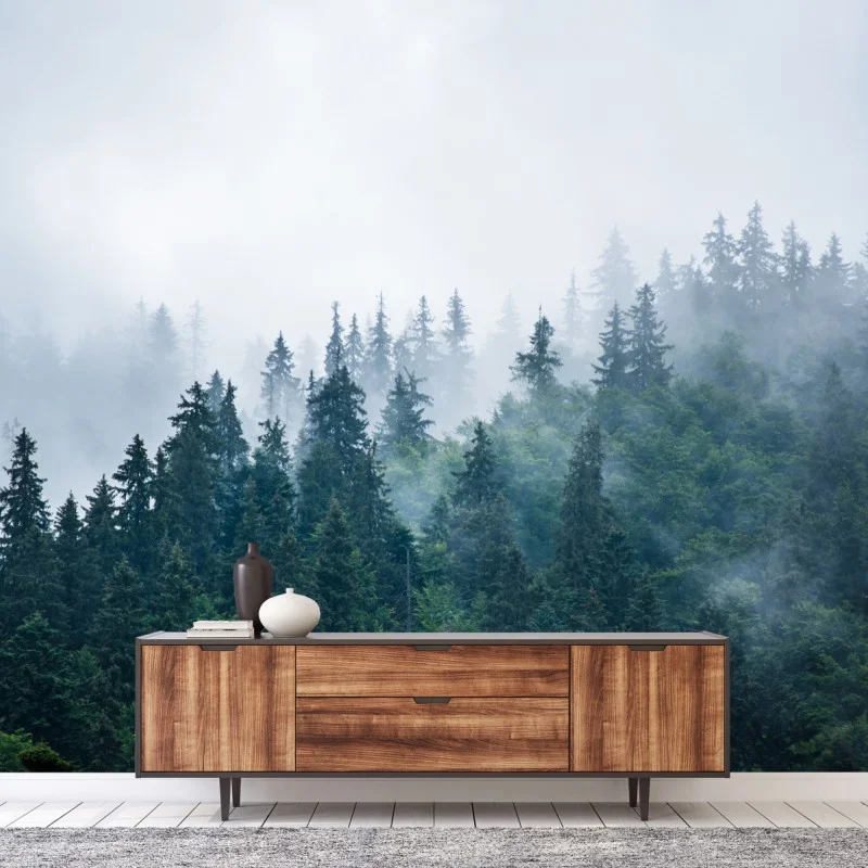Wall mural misty evergreen forest • Wallissimo® Wall mural misty evergreen forest • Wallissimo®