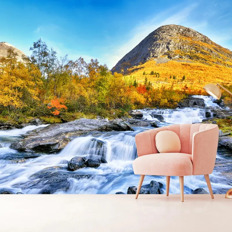 Wall mural golden autumn waterfall landscape