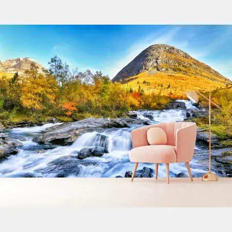 Wall mural golden autumn waterfall landscape • Wallissimo®