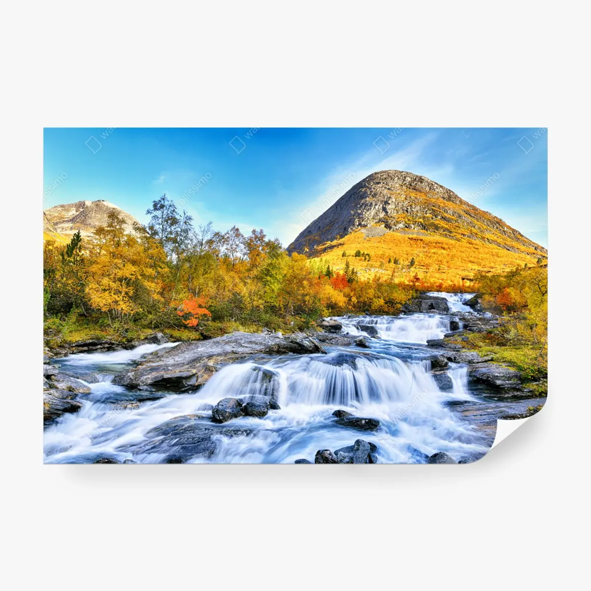 Wall mural golden autumn waterfall landscape • Wallissimo®
