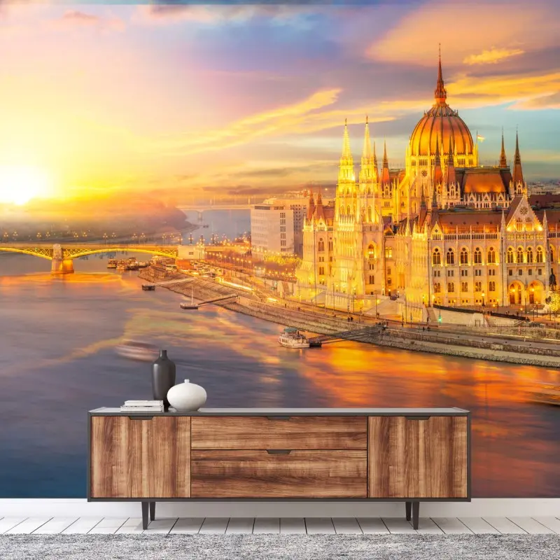 Wall mural golden sunset over Budapest parliament