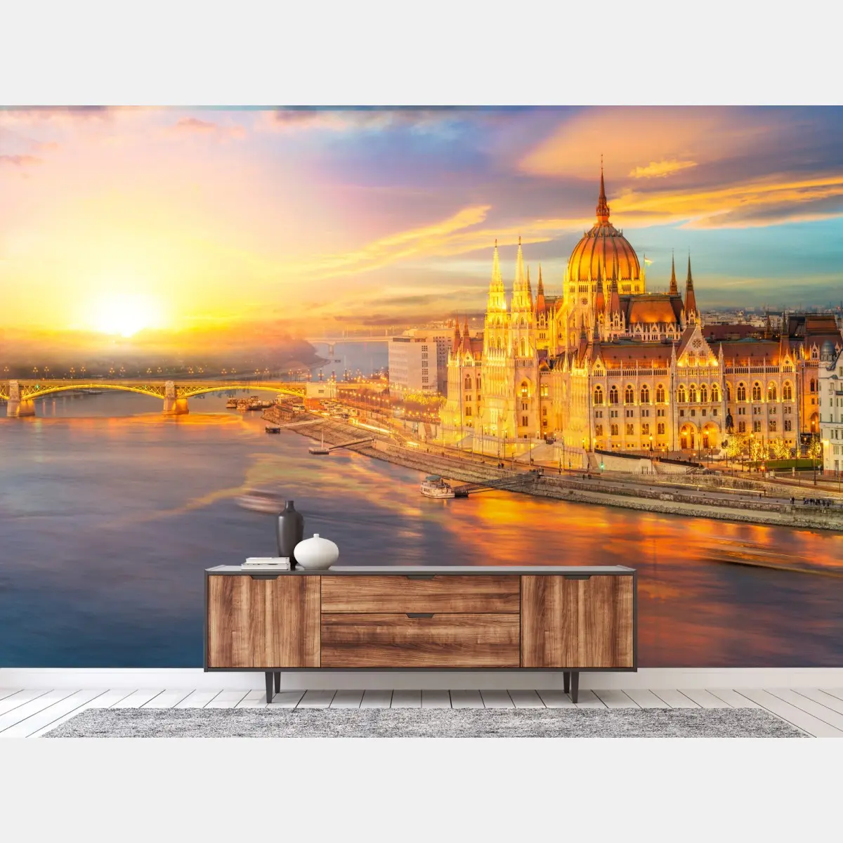Wall mural golden sunset over Budapest parliament • Wallissimo®