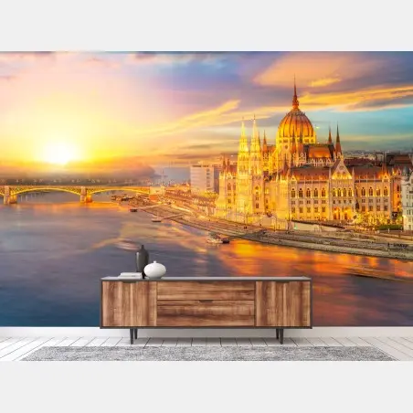 Wall mural golden sunset over Budapest parliament • Wallissimo®