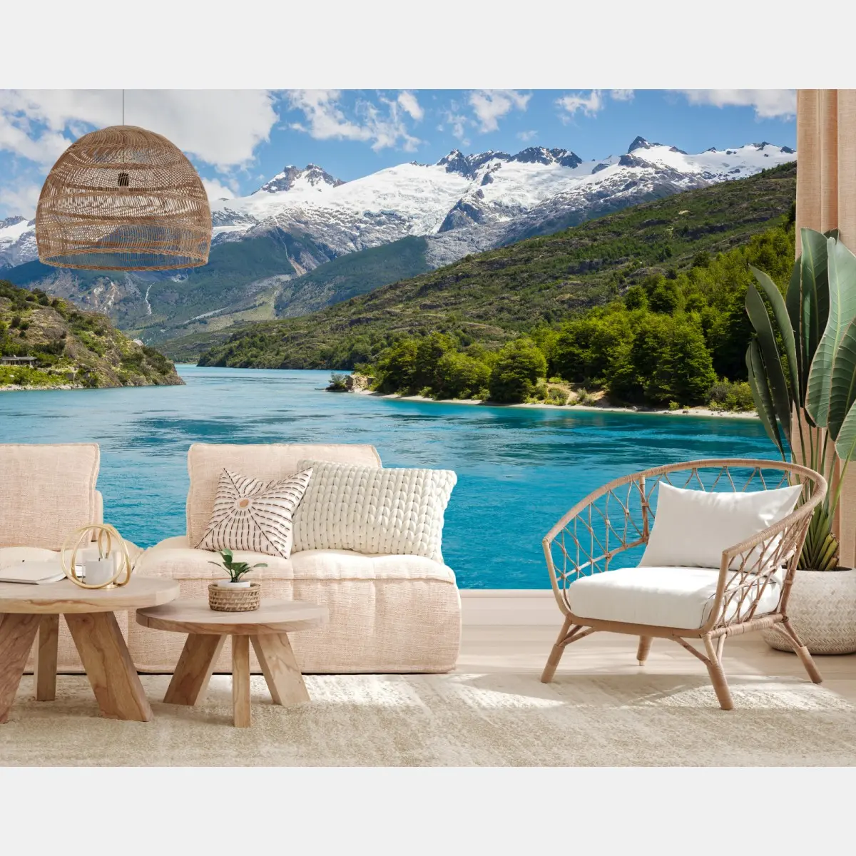 Wall mural turquoise alpine lake with snow-capped mountains • Wallissimo®