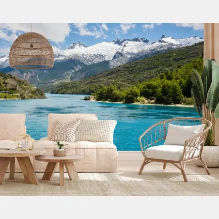 Wall mural turquoise alpine lake with snow-capped mountains • Wallissimo®