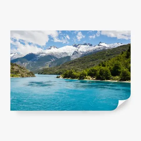 Wall mural turquoise alpine lake with snow-capped mountains • Wallissimo®
