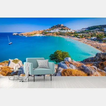 Wall mural turquoise bay in Lindos, Rhodes • Wallissimo®