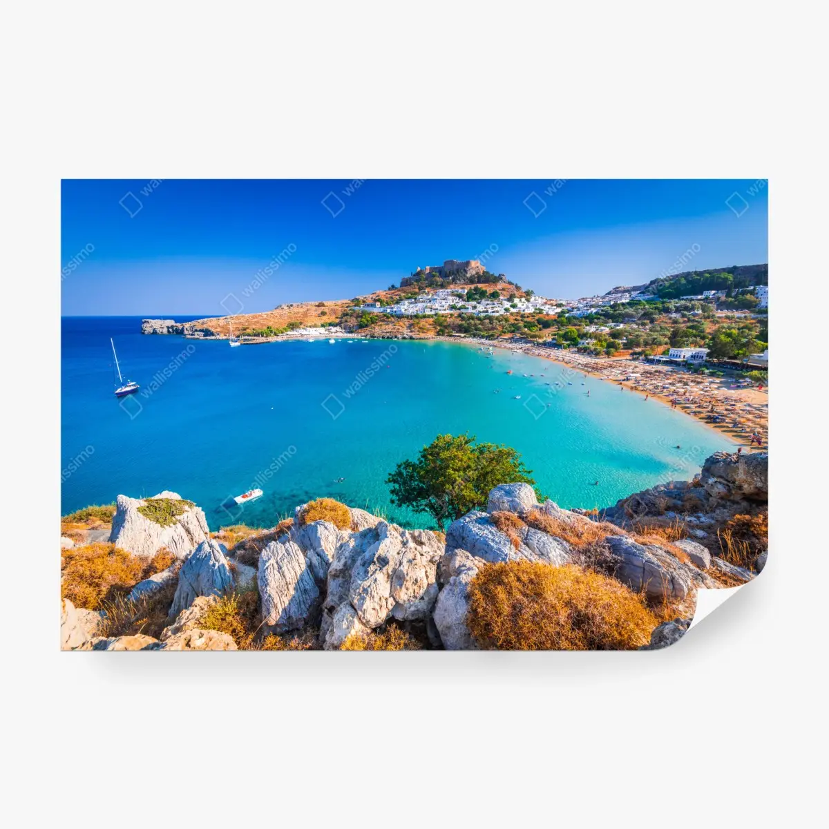 Wall mural turquoise bay in Lindos, Rhodes • Wallissimo®