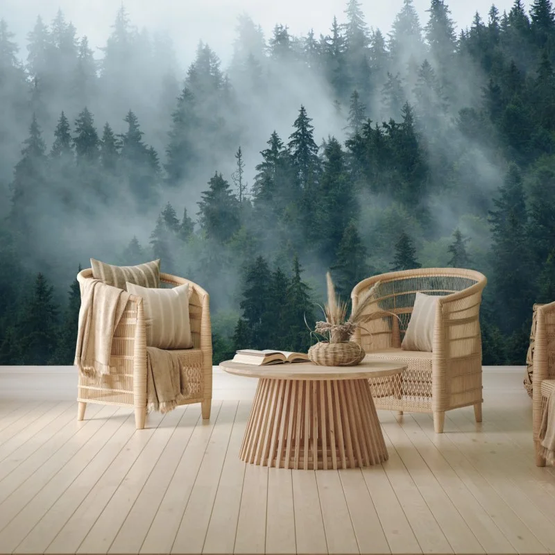 Wall mural misty evergreen forest