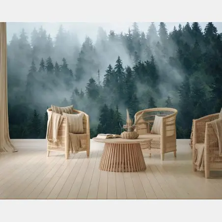 Wall mural misty evergreen forest • Wallissimo®