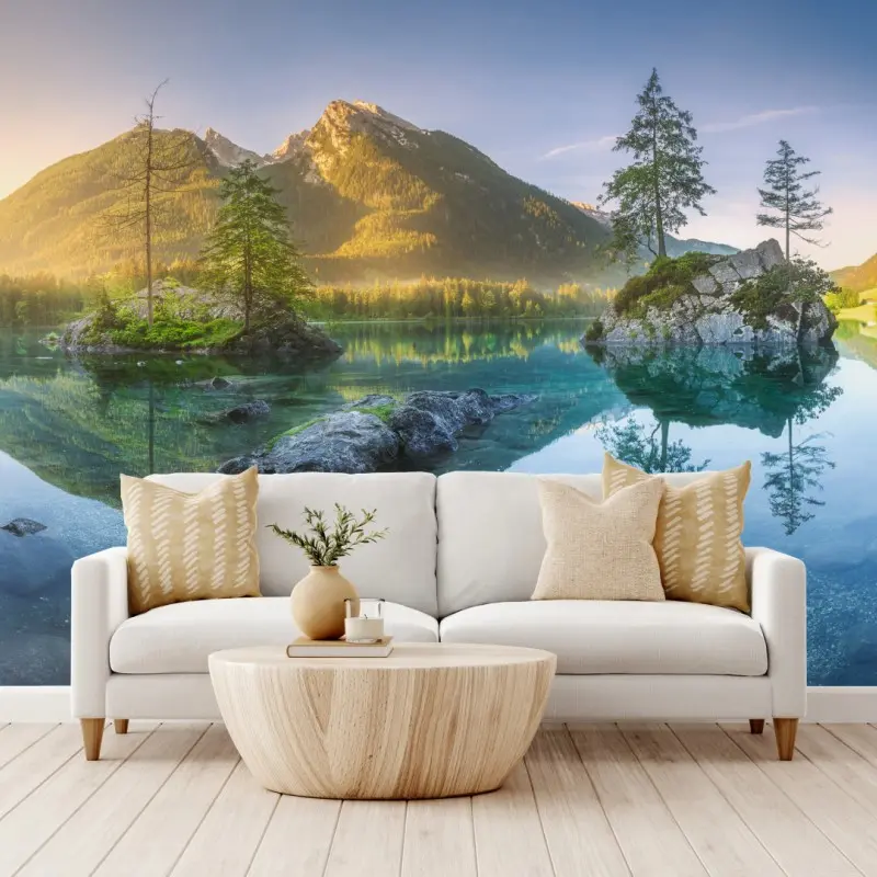 Wall mural alpine lake at sunrise with mirror reflection
