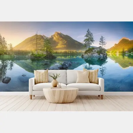 Wall mural alpine lake at sunrise with mirror reflection • Wallissimo®