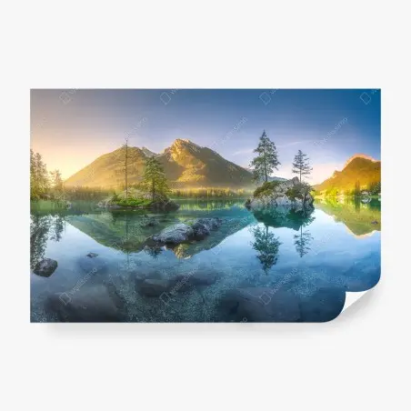 Wall mural alpine lake at sunrise with mirror reflection • Wallissimo®