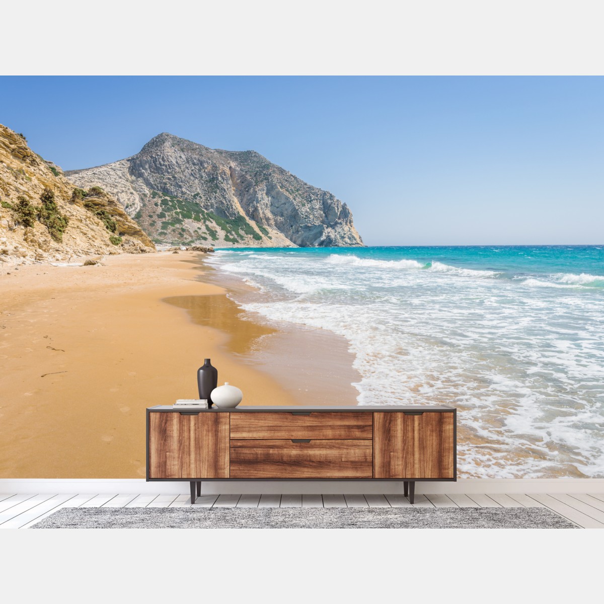 Wall mural sunlit turquoise beach with cliffs • Wallissimo®
