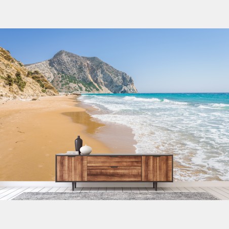 Wall mural sunlit turquoise beach with cliffs • Wallissimo®