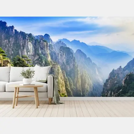 Wall mural misty mountain peaks panorama • Wallissimo®