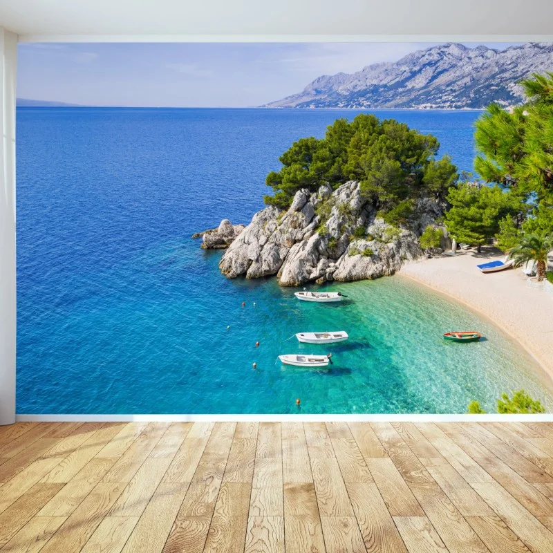 Wall mural tranquil turquoise cove with boats