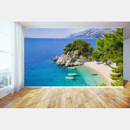 Wall mural tranquil turquoise cove with boats • Wallissimo®