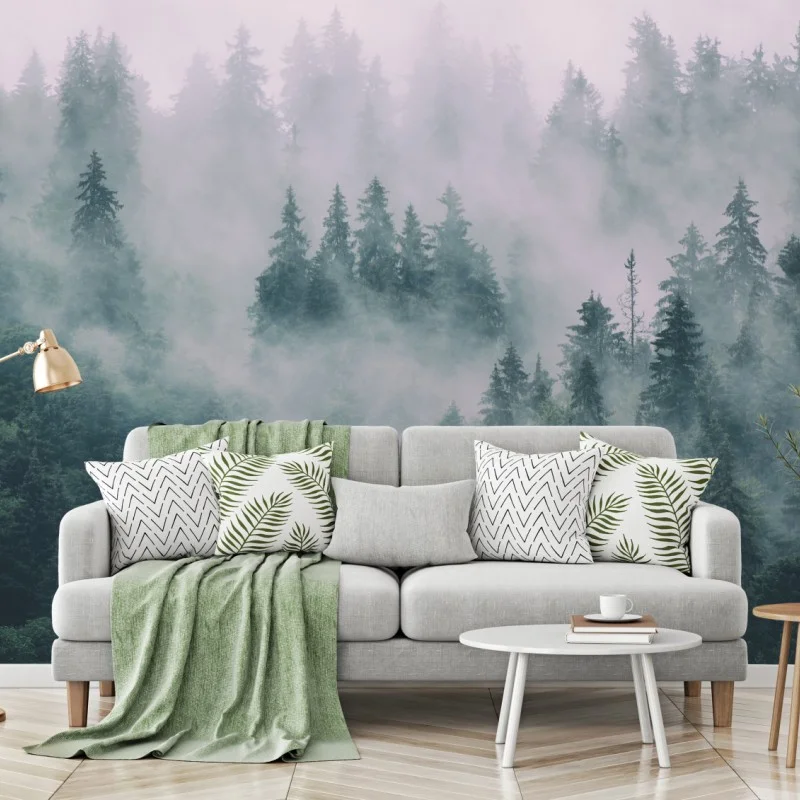 Wall mural misty evergreen forest panorama