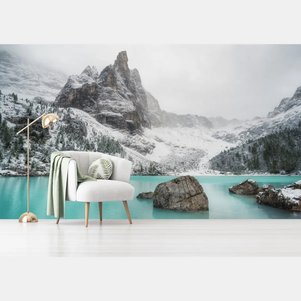 Wall mural turquoise alpine lake under snowy peaks • Wallissimo®