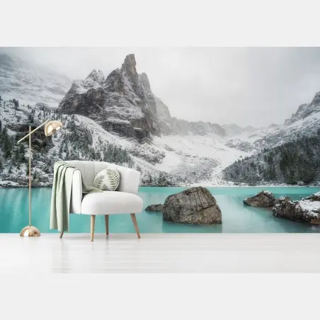 Wall mural turquoise alpine lake under snowy peaks • Wallissimo®