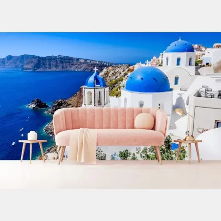 Wall mural Santorini blue domes over the caldera • Wallissimo®