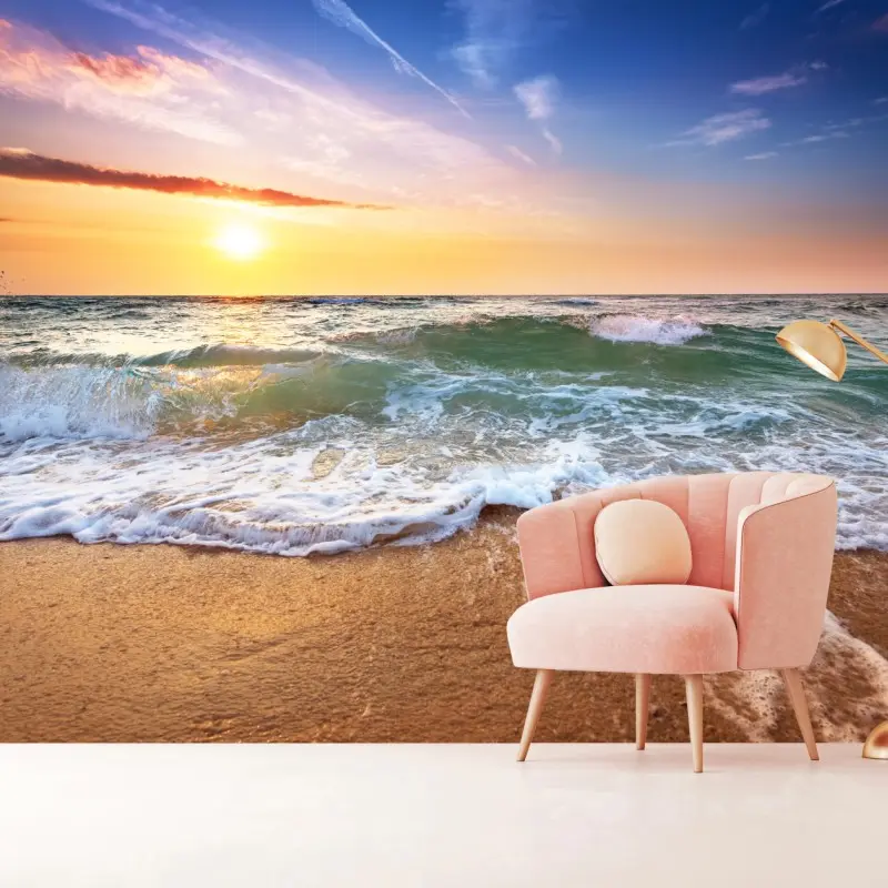 Wall mural golden beach sunset over gentle waves