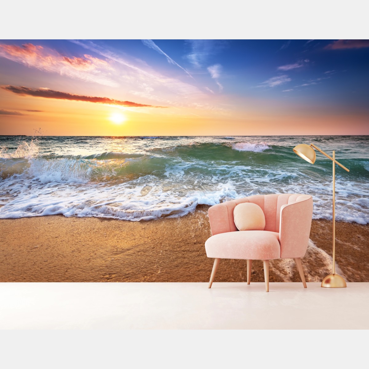 Wall mural golden beach sunset over gentle waves • Wallissimo®