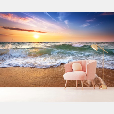 Wall mural golden beach sunset over gentle waves • Wallissimo®