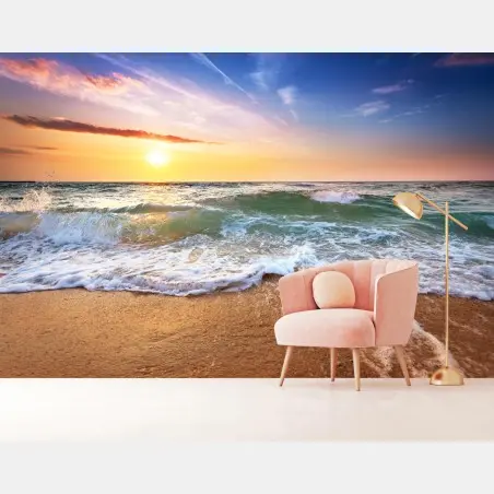 Wall mural golden beach sunset over gentle waves • Wallissimo®