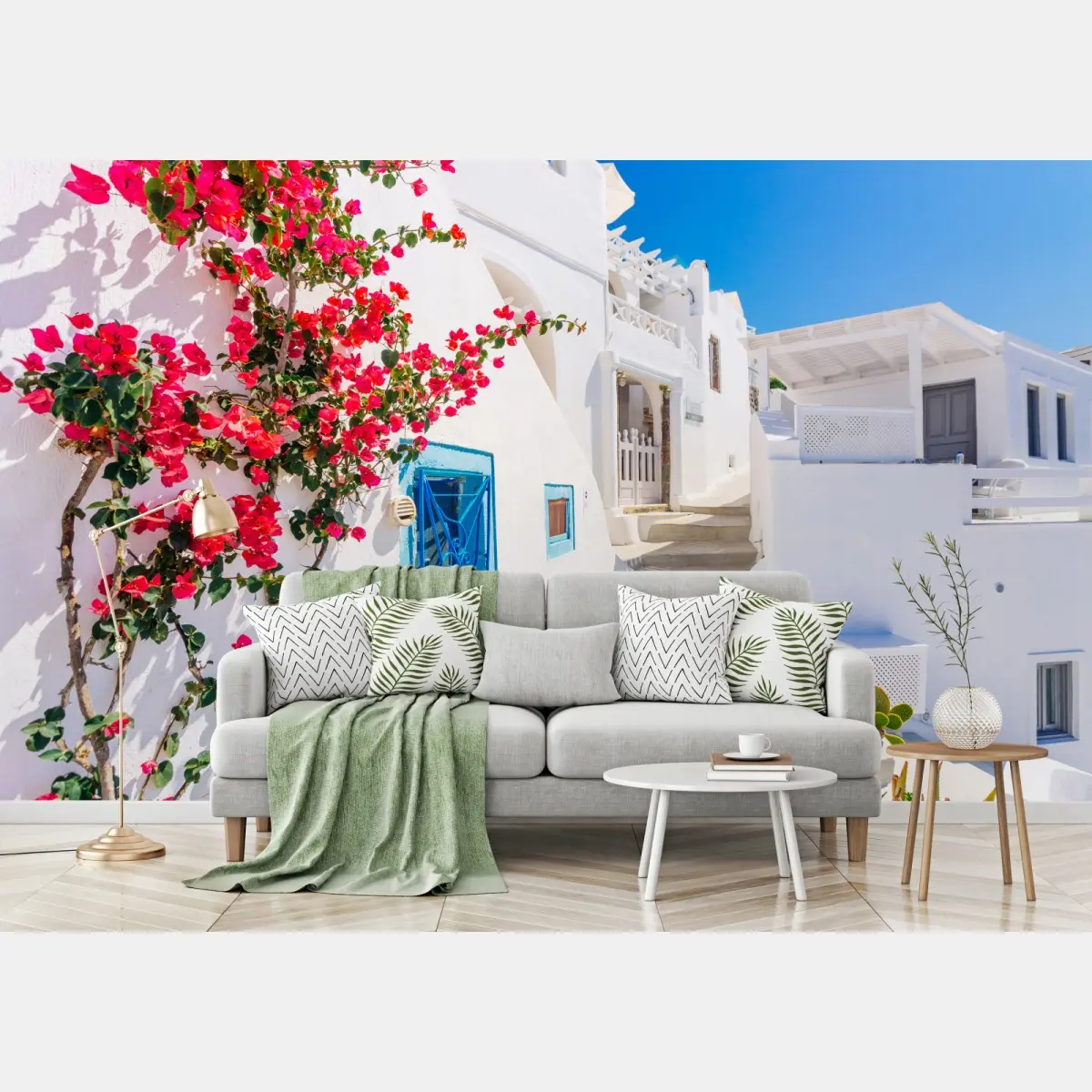 Wall mural Santorini whitewashed street with bougainvillea • Wallissimo®