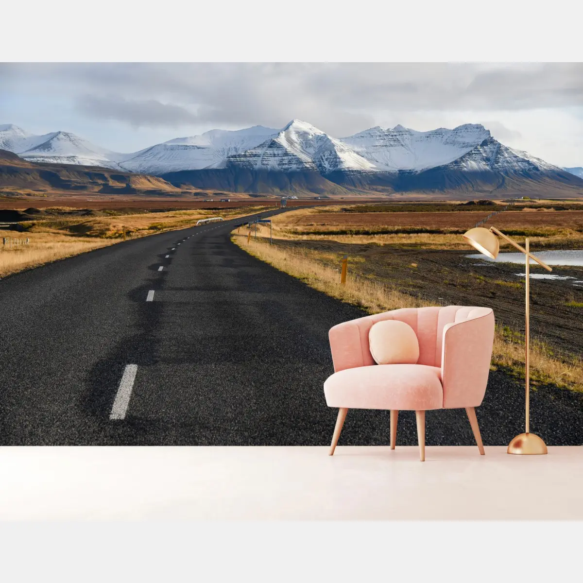 Wall mural empty road to snow-capped mountains in Iceland • Wallissimo®