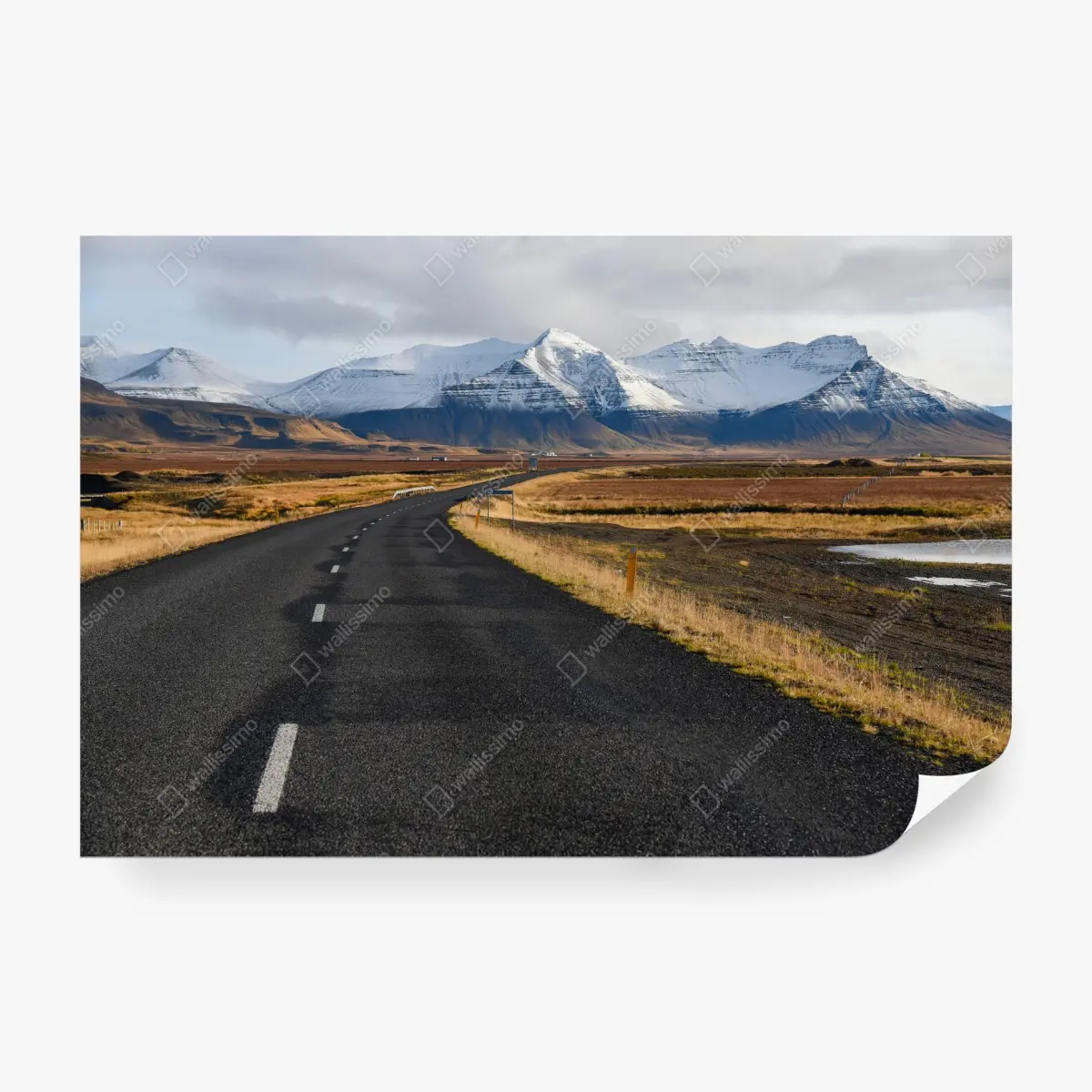 Wall mural empty road to snow-capped mountains in Iceland • Wallissimo®