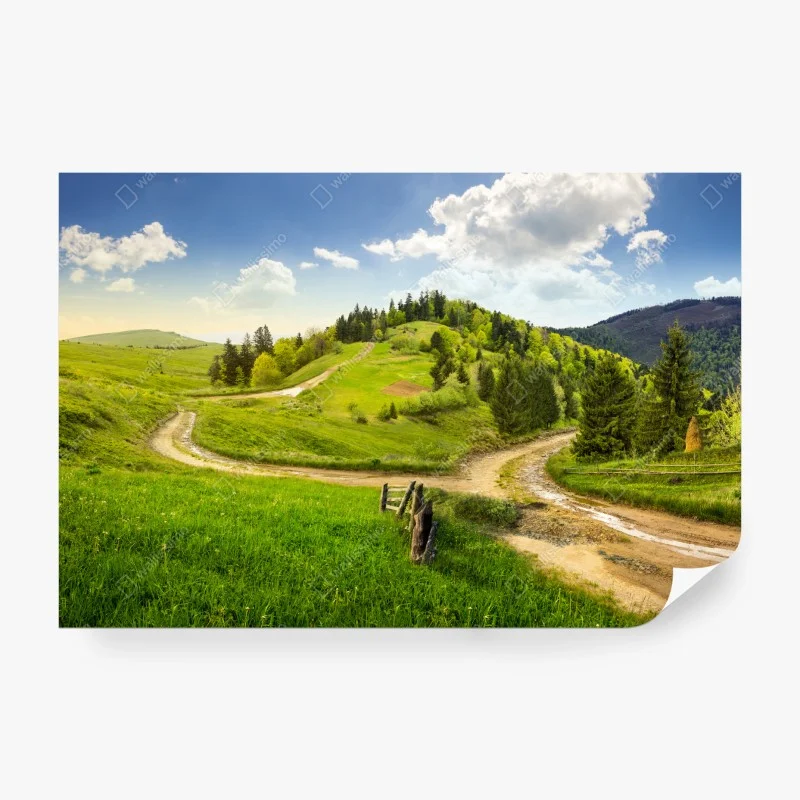 Wall mural winding country road through green hills