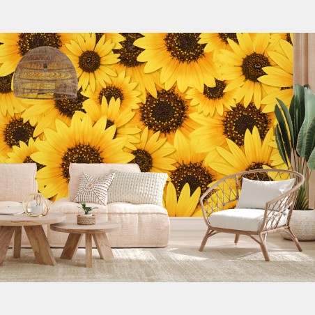 Wall mural golden sunflower bloom pattern • Wallissimo®